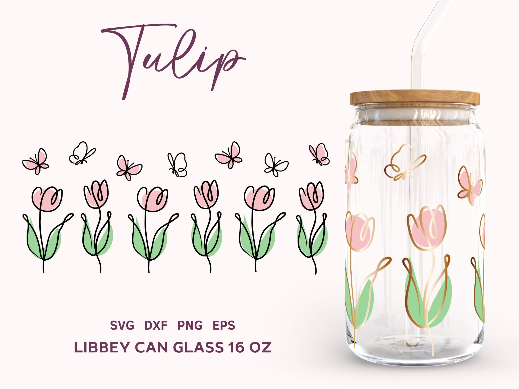 FLORAL BUTTERFLY SVG Wrap Libbey Glass Can 16oz, Tulip Line Art Glass ...