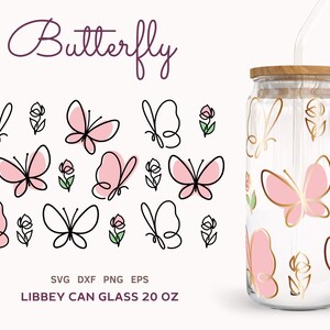 Blumen Schmetterling SVG Wrap, Frühling Schmetterling Libbey Dose Glas 20oz, Tulpe Bierdose Glas Svg, Png, Dxf, Eps