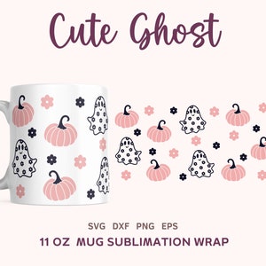 May include: White ceramic mug featuring a repeating pattern of pink pumpkins, black flowers, and smiling ghost figures with floral details. The mug has a white handle and the words "Cute Ghost" in a dark purple script.
