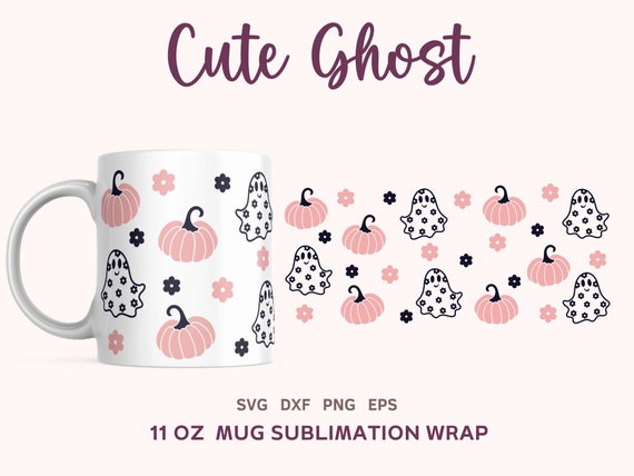 GHOST PUMPKIN SVG Wrap For Mug 11oz, Retro Halloween Svg, Cute Halloween, Daisy Cricut Cut File, Dxf, Png, Eps incl.