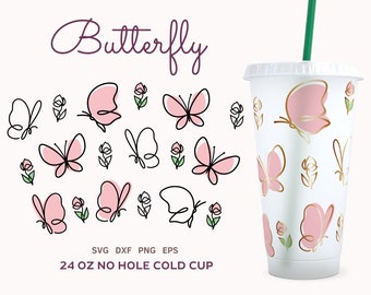 24oz BUTTERFLY COLD Cup SVG, Tulip No Hole Venti Cold Cup Svg, Spring Coffee Cup Svg Wrap, Cricut Cut File, Silhouette