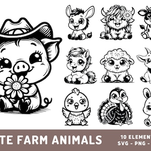 Pacchetto Svg di animali da fattoria, sublimazione di mucca carina delle Highland, maiale in formato Svg, cavallo in formato Svg, pollo in formato Svg, tacchino in formato Svg, pecora in formato Svg, asino in formato Svg, coniglietto in formato SVG