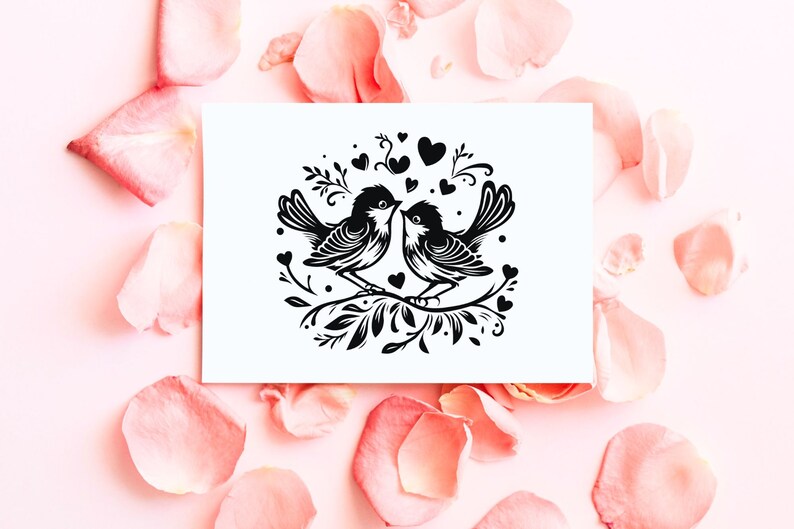 May include: A black and white illustration of two birds facing each other on a branch with hearts and floral accents. The image is on a white card surrounded by pink rose petals.