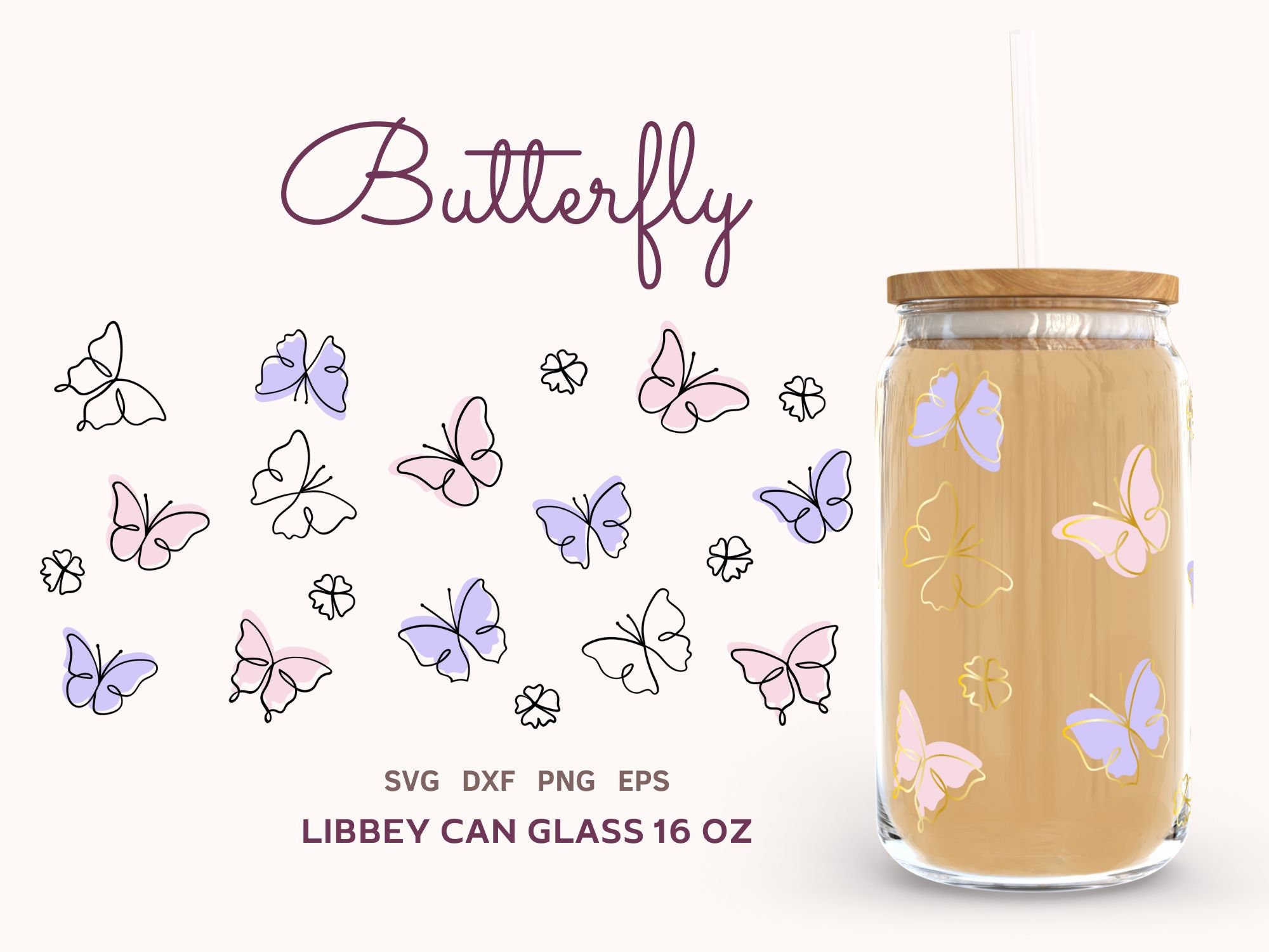 BUTTERFLY SVG WRAP Libbey Glass Can 16oz, Line Art Glass Can Svg ...
