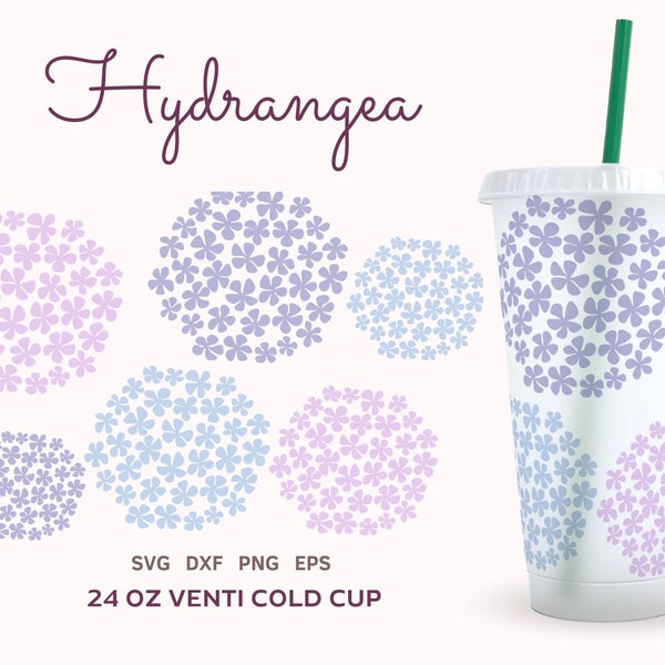 HYDRANGEA FLOWER SVG Cold Cup 24 oz, Pastel Hortensia Coffee Cup Wrap, Floral Cold Cup Template Svg