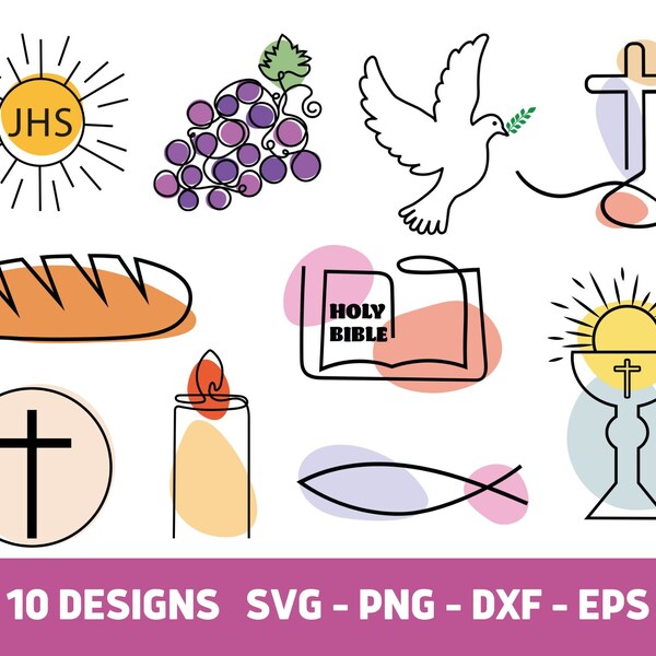 First Communion Card Bundle SVG PNG, Baptism Svg, Catholic Cricut Cut File, Dove, Fish, Bread, Cross, Wine, Bible, Candle, Chalice Cup SVG