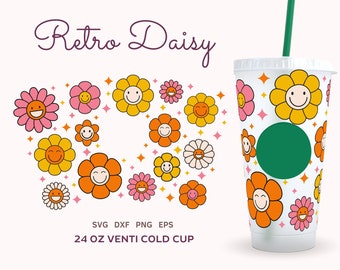 Happy Face Daisy SVG Wrap, Venti Cold Cup 24 oz, Retro Coffee Cup SVG, Groovy Cold Cup Wrap SVG