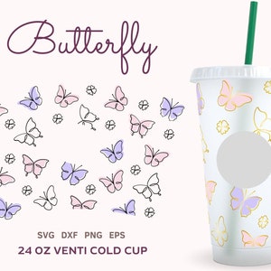 SCHMETTERLING KÄLTE Tasse SVG, 24 Unzen Venti kalte Tasse SVG, Kaffeetasse SVG wickeln, Cricut geschnitten Datei, Silhouette