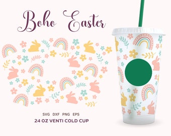 Boho Easter SVG Cold Cup 24oz Wrap, Venti Cold Cup Spring Svg, Tulip Coffee Cup, Easter Bunny Tumbler Png