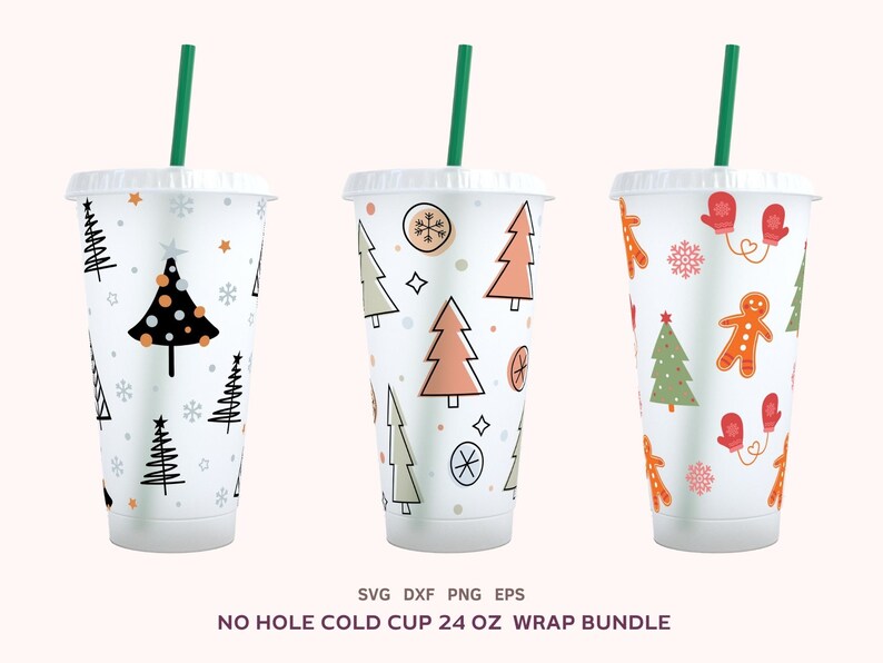 12 Christmas Cold Cup 24oz Designs Bundle, No Hole Xmas Full Wrap Svg, Christmas Sublimation Png, Cricut Cut File, Dxf, Eps