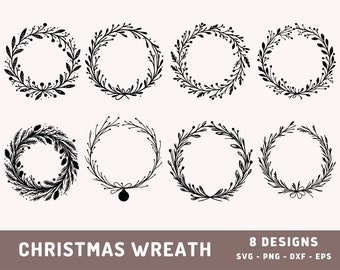 8 Christmas Wreath SVG Bundle, Minimalist Christmas Tree Border, Doodle Merry Christmas, Cricut Cut File