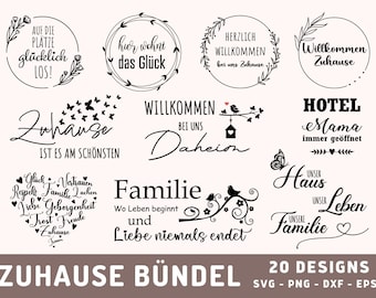 20 German Home Plotter Files SVG, Herzlich Willkommen PNG, Zuhause Plotterdatei, Family Welcome Bundle SVG