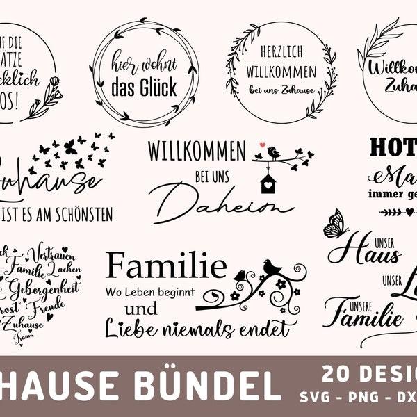 20 German Home Plotter Files SVG, Herzlich Willkommen PNG, Zuhause Plotterdatei, Family Welcome Bundle SVG