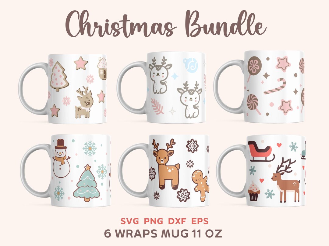 6 Christmas Mug Designs SVG, Cute Christmas Mug 11oz Wrap Svg, Xmas Mug