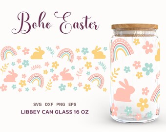 Boho Easter Libbey Can Glass Wrap, 16oz  Easter Bunny Beer Can Glass SVG
