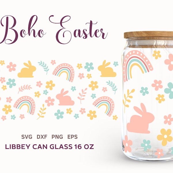 Boho Easter Libbey Can Glass Wrap, 16oz  Easter Bunny Beer Can Glass SVG