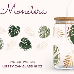 TROPICAL LEAVES SVG Libbey Can Glass 16oz, Monstera Plants Svg Files for Cricut, Palm Tree Beer Can Glass Wrap