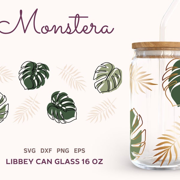 FEUILLES TROPICALES SVG Libbey Can Glass 16oz, Monstera Plants Svg Files pour Cricut, Palm Tree Beer Can Glass Wrap