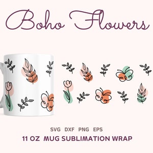 Boho Blumen Becher Press SVG, 11 Unzen Cricut Becher Wrap für Sublimation, Schmetterling Kaffeebecher SVG, Sublimation Wrap Becher