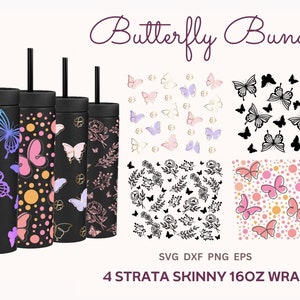 Butterfly Strata Skinny Tumbler Bundle SVG, Full Wraps Strata Skinny Tumbler 16 oz PNG, Cricut Cut File