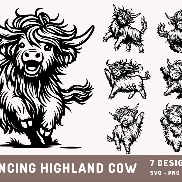 Danse vache Highland Bundle Svg, conception mignonne vache Highland, Sublimation animaux de la ferme PNG, fichier de coupe Cricut