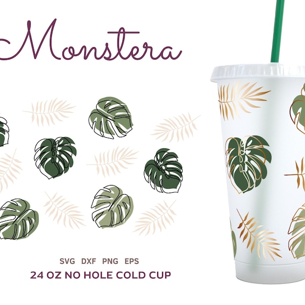 MONSTERA SVG COLD Cup 24oz No Hole, Palm Tree Wrap, Tropical Coffee Cup, Svg Files for Cricut & Silhouette Cameo