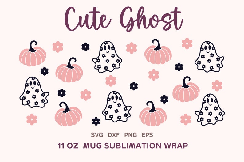 Puede incluir: Un fondo rosa claro presenta un patr&oacute;n repetido de fantasmas sonrientes, calabazas y flores. El texto "Cute Ghost" est&aacute; en una escritura morada oscura. Debajo del dise&ntilde;o est&aacute;n las palabras "SVG DXF PNG EPS" y "11 OZ MUG SUBMLIMATION WRAP".