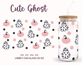 GHOST PUMPKIN SVG Wrap Libbey 20oz Can Glass, Retro Halloween Svg, Cute Halloween, Daisy Cricut Cut File, Dxf, Png, Eps incl.