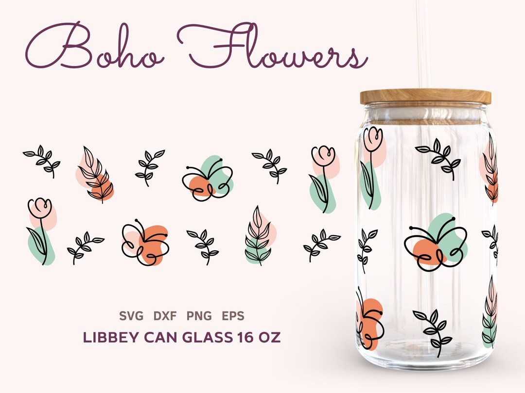 BOHO FLOWERS SVG Libbey Can Glass 16oz, Floral Butterfly Wrap, Files ...