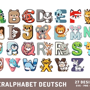 Alfabeto de animales para niños alemanes SVG, archivos ABC de trazador, imágenes prediseñadas de letras alemanas de animales de guardería, archivo de corte Cricut, trazador de alfabeto de nivel Datei