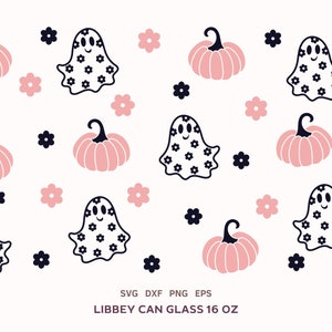May include: A digital design featuring a pattern of pink pumpkins, ghosts with black floral patterns, and small white flowers on a white background. The text "LIBBEY CAN GLASS 16 OZ" is at the bottom of the design.