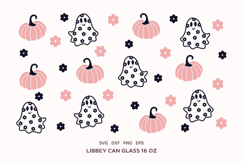 May include: A digital design featuring a pattern of pink pumpkins, ghosts with black floral patterns, and small white flowers on a white background. The text "LIBBEY CAN GLASS 16 OZ" is at the bottom of the design.