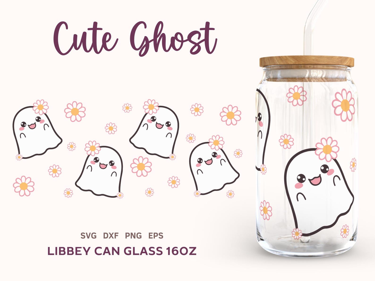 CUTE GHOST SVG Wrap for Libbey 16oz Can Glass, Retro Halloween Svg ...