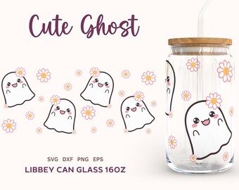 CUTE GHOST SVG Wrap For Libbey 16oz Can Glass, Retro Halloween Svg, Cute Halloween, Daisy Cricut Cut File, Dxf, Png, Eps incl.