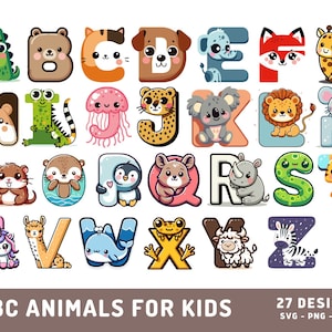 Alfabeto de animales para niños SVG, lindo ABC Png, paquete de imágenes prediseñadas de letras de animales de guardería, archivo de corte Cricut, sublimación ABC de animales