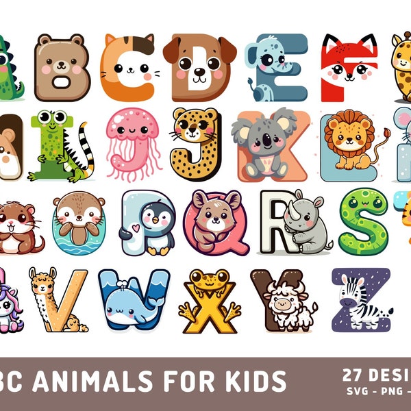 Kids Animal Alphabet SVG, Cute ABC Png, Nursery Animal Letters Clipart Bundle, Cricut Cut File, Animal ABC Sublimation
