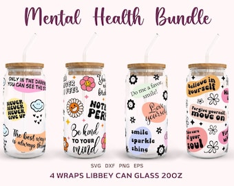 Mental Health Libbey Can Glass Bundle SVG, Self Love Can Glass 20oz PNG, Motivational Daily Affirmations Wraps SVG, Cricut Cut File