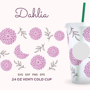 DAHLIA FLOWER SVG Cold Cup 24 oz, Fleurs Cold Cup Wrap, Floral Coffee Cup Svg, Aster Svg Cut File pour Cricut