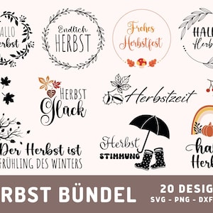 Peut inclure: Un ensemble de 20 motifs sur le thème de l'automne avec différentes phrases en allemand et en anglais, notamment "Hallo Herbst", "Endlich Herbst", "Frohes Herbstfest", "Herbstzeit", "Herbst Glück", "Der Herbst ist der Frühling des Winters", "Herbst Stimmung", et "hallo Herbst". Les motifs sont parfaits pour l'artisanat, le scrapbooking et autres projets créatifs.