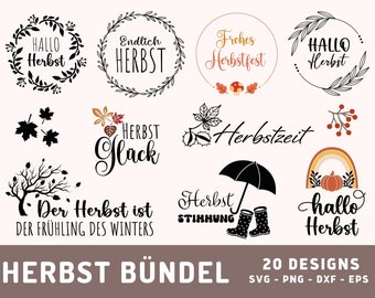 20 tyska höstplotterfiler SVG, höstpaket PNG, Herbst Plotterdatei, Hallo Herbst Bündel Plotter Datei, DXF, Png, Eps