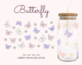 Butterfly Wrap SVG Libbey Can Glass 20oz, Beer Can Glass Svg, Png, Dxf, Eps