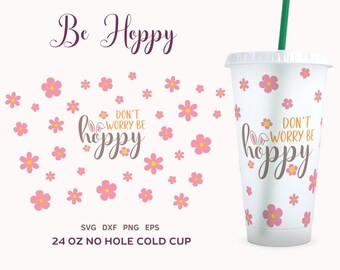 Copo frio de Páscoa Wrap SVG, Boho Bunny Ears No Hole Cold Cup 24 onças, modelo SVG de xícara de café de Páscoa Be Hoppy