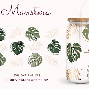 TROPICAL MONSTERA Leaves SVG Libbey Can Glass 20oz, Monstera Svg Files for Cricut, Palm Tree Beer Can Glass Svg Wrap