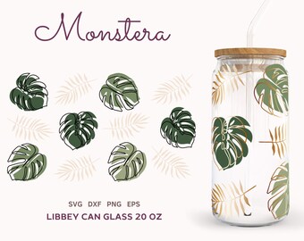 TROPICAL MONSTERA Leaves SVG Libbey Can Glass 20oz, Monstera Svg Files for Cricut, Palm Tree Beer Can Glass Svg Wrap