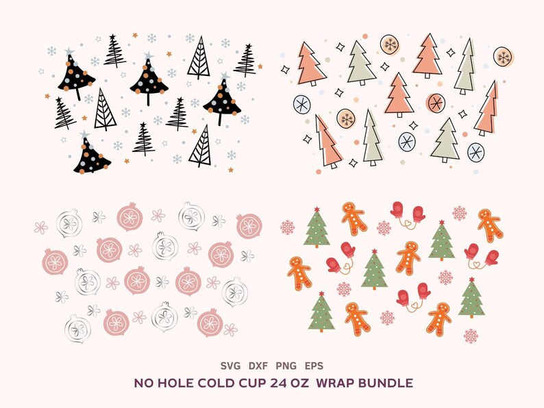 12 Christmas Cold Cup 24oz Designs Bundle, No Hole Xmas Full Wrap Svg, Christmas Sublimation Png, Cricut Cut File, Dxf, Eps