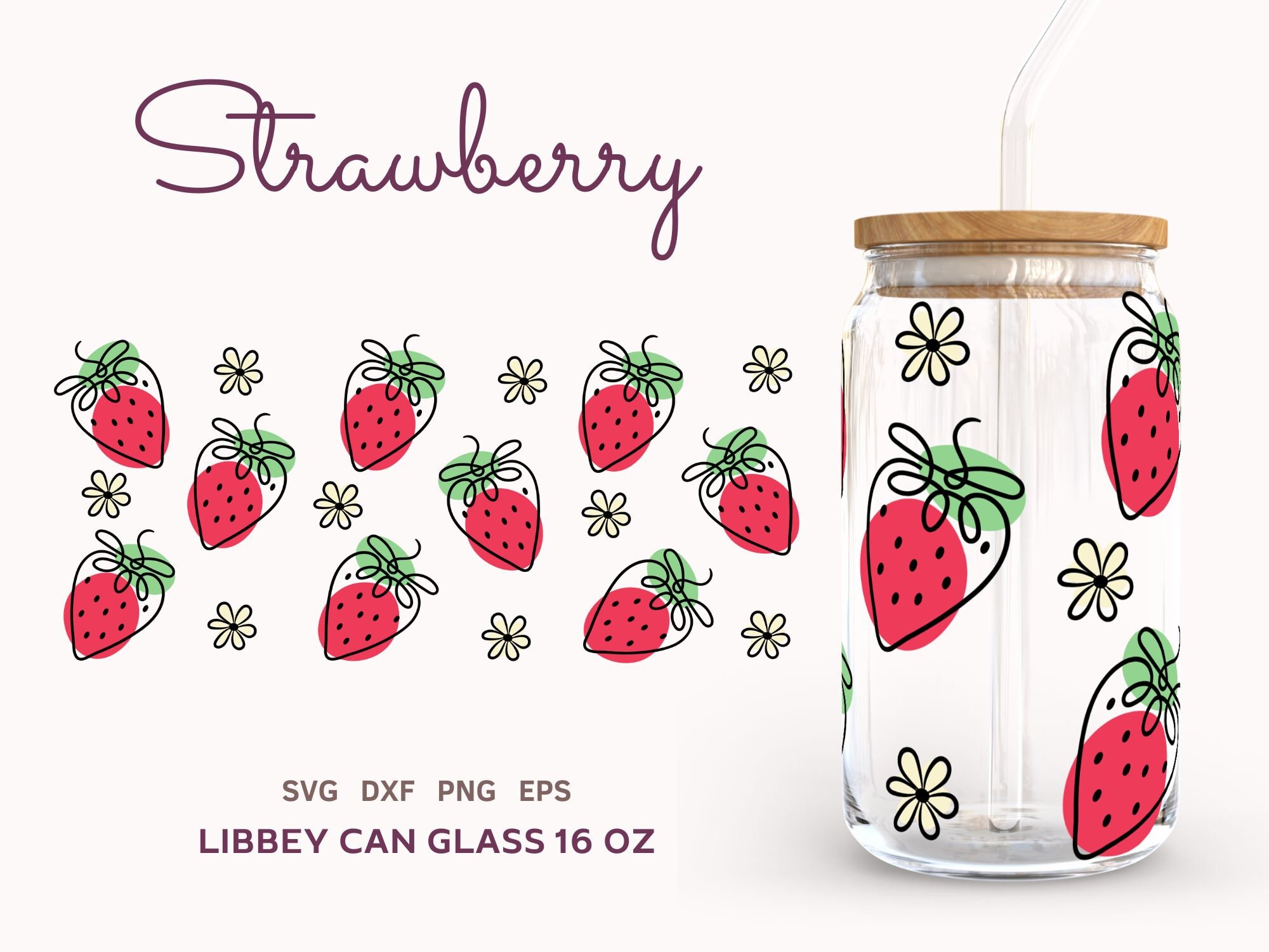 STRAWBERRY Libbey Can Glass SVG WRAP 16oz, Daisy Beer Can Glass Svg ...