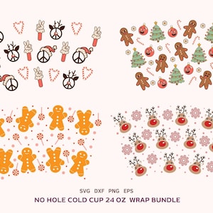May include: A set of 24 oz. cold cup wraps featuring various Christmas-themed designs. The designs include peace signs, candy canes, reindeer, gingerbread men, Christmas trees, and ornaments. The wraps are available in SVG, DXF, PNG, and EPS formats.