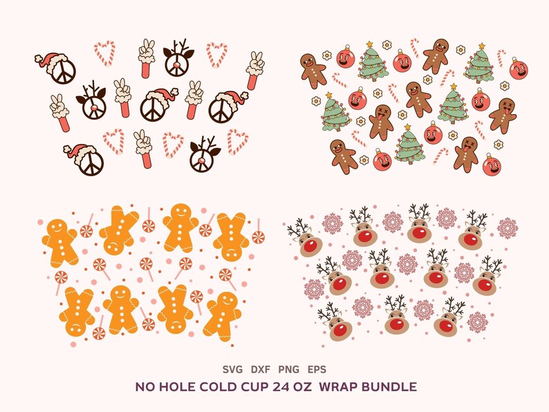 May include: A set of 24 oz. cold cup wraps featuring various Christmas-themed designs. The designs include peace signs, candy canes, reindeer, gingerbread men, Christmas trees, and ornaments. The wraps are available in SVG, DXF, PNG, and EPS formats.