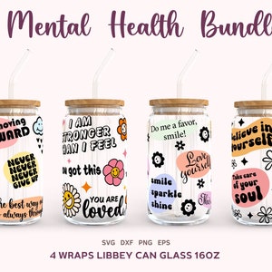 Mental Health Can Glass Bundle SVG, Self Love Libbey Can Glass 16oz PNG, Motivational Daily Affirmations Wraps SVG, Cricut Cut File