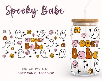 SPOOKY BABY SVG Libbey Can Glass 16oz, Retro Halloween Ghost Svg, Cute Ghost Beer Can Glass Wrap, Png, Dxf, Eps incl.